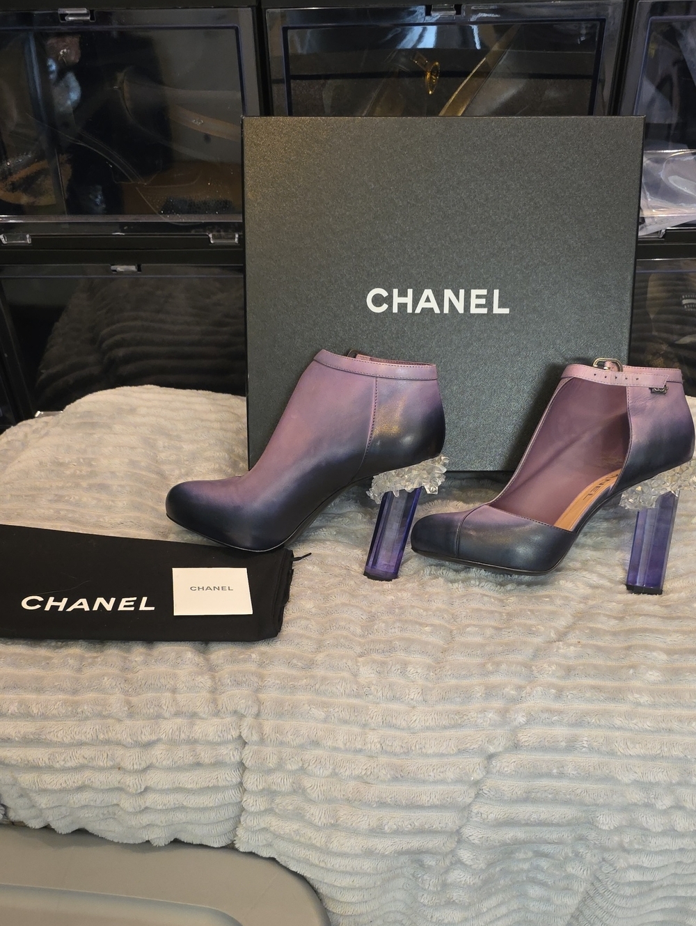 CHANEL Ombre Purple-to-Blue Leather Ankle Boots with CRYSTAL Sculpted Heel